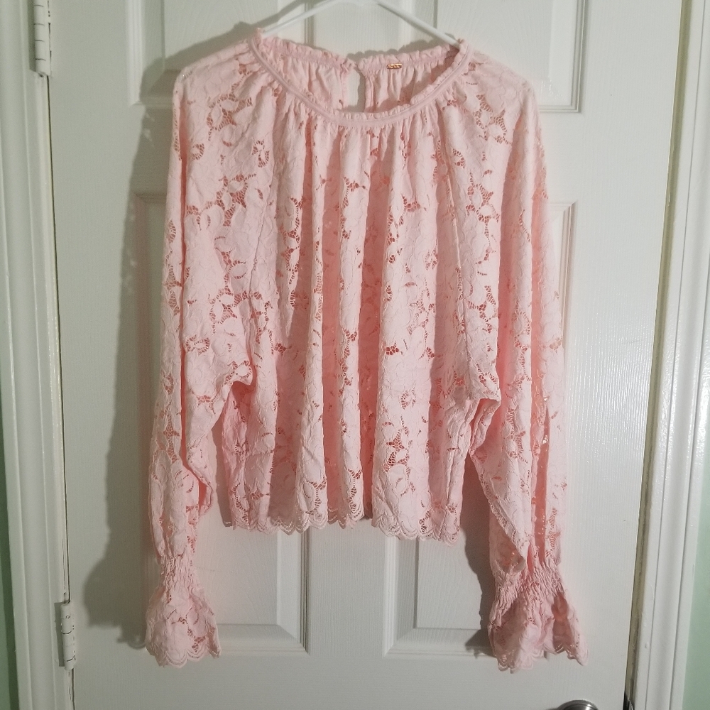 Free People Olivia Lace Top Pink Long Sleeve Size Medium - Picture 3 of 6
